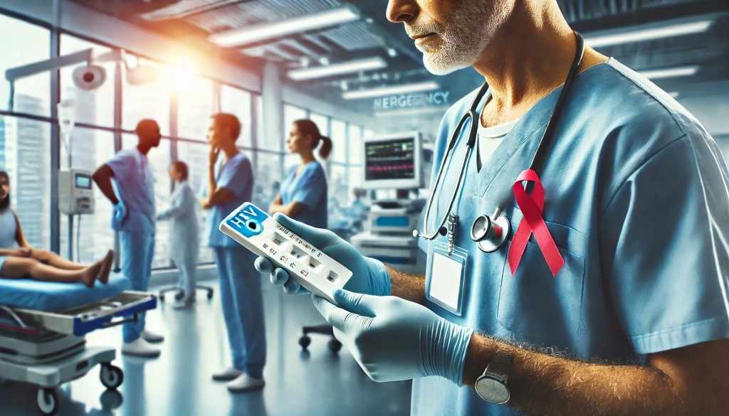 DALL·E 2024-10-26 12.26.08 - A professional image of HIV screening in a hospital emergency department, with a close-up focus on healthcare staff wearing scrubs, carefully examinin