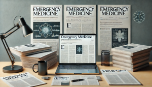 DALL·E 2024-12-21 21.52.10 - A visually striking horizontal image of a professional workspace showcasing a collection of medical journals and research papers about emergency medic